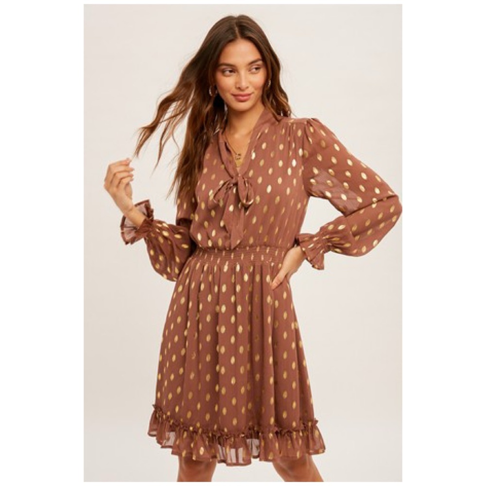 Dark mauve Gold dot chiffon dress